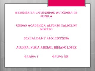 Benemérita Universidad Autónoma de
Puebla
Unidad Académica Alfonso Calderón
Moreno
Sexualidad y Adolescencia
Alumna: Nuria Abigail Bibiano López
Grado: 1° Grupo: GM
 