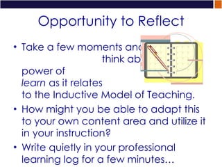 Opportunity to Reflect Take a few moments and  think about the power of  writing to learn  as it relates  to the Inductive Model of Teaching.  How might you be able to adapt this to your own content area and utilize it in your instruction? Write quietly in your professional learning log for a few minutes… 