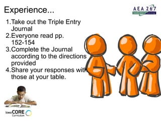 Experience... Take out the Triple Entry Journal Everyone read pp. 152-154 Complete the Journal according to the directions provided Share your responses with those at your table.  