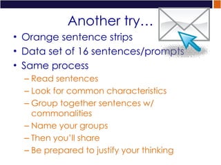 Another try… Orange sentence strips Data set of 16 sentences/prompts Same process Read sentences Look for common characteristics Group together sentences w/ commonalities Name your groups Then you’ll share  Be prepared to justify your thinking 