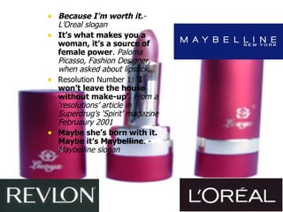 THE FASHION INDUSTRY Because I’m worth it. -L’Oreal slogan It’s what makes you a woman, it’s a source of female power .  Paloma Picasso, Fashion Designer, when asked about lipstick. Resolution Number 1:  ‘I won’t leave the house without make-up’.  From a ‘resolutions’ article in Superdrug’s ‘Spirit’ magazine Februaury 2001   Maybe she’s born with it. Maybe it’s Maybelline . -  Maybelline slogan   