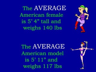 The  AVERAGE  American female  is 5’ 4” tall and  weighs 140 lbs The  AVERAGE   American model  is 5’ 11” and  weighs 117 ...