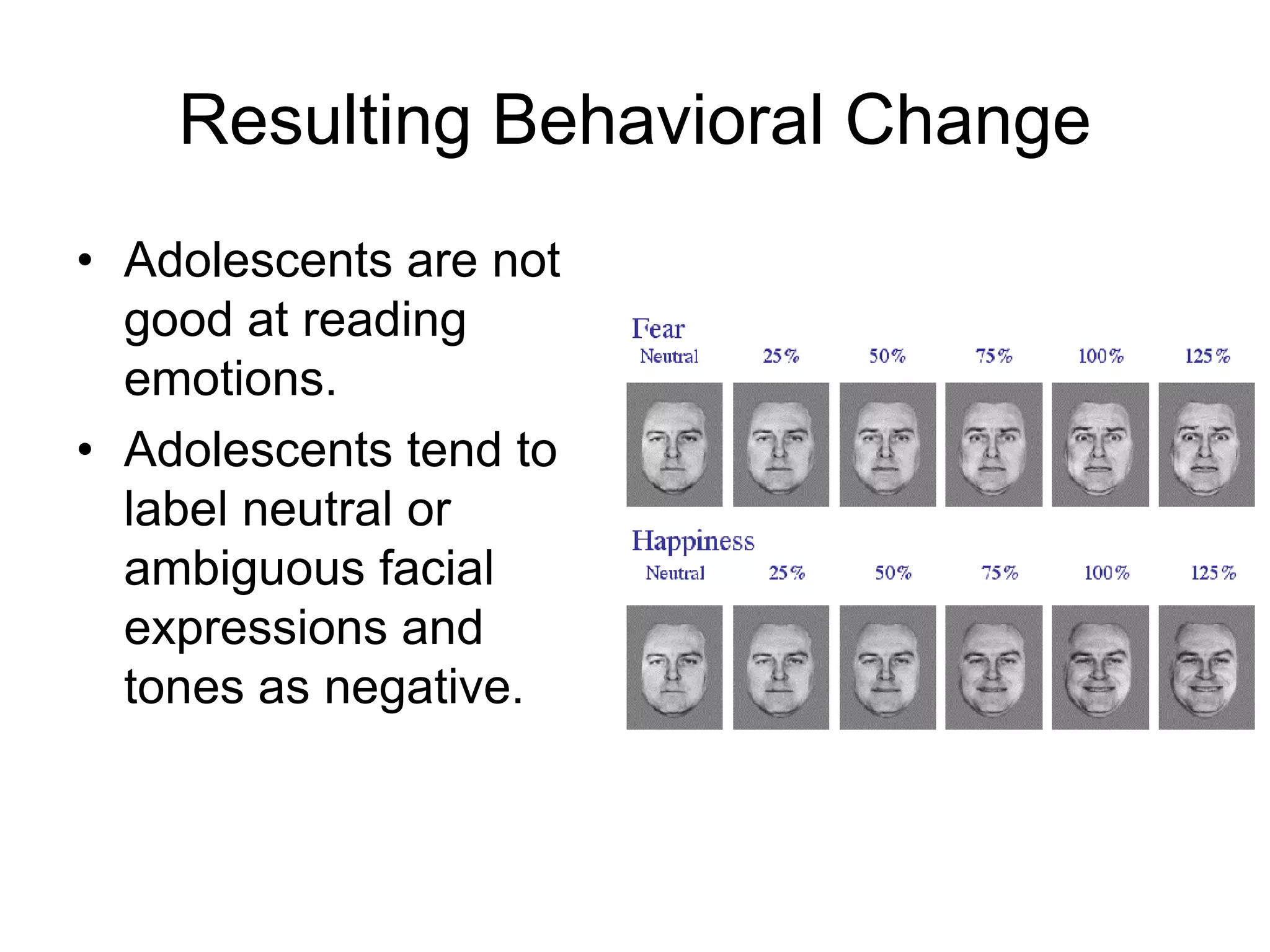 Resulting Behavioral Change
• Adolescents are not
  good at reading
  emotions.
• Adolescents tend to
  label neutral or
  ambiguous facial
  expressions and
  tones as negative.
 