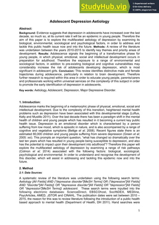 Adolescent Depression Aetiology A Systematic Review | PDF