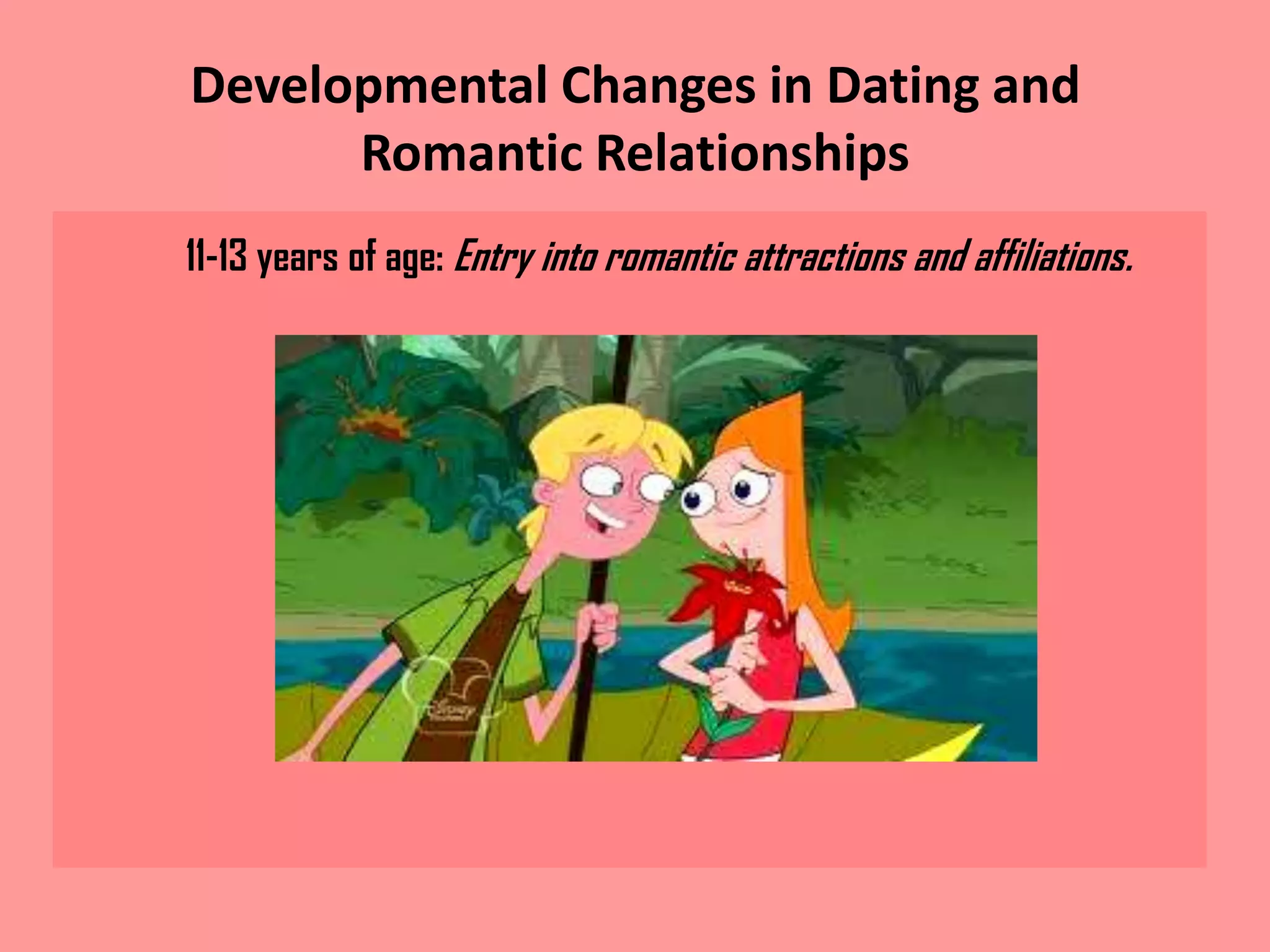 Developmental Changes in Dating and
Romantic Relationships
11-13 years of age: Entry into romantic attractions and affiliations.

 