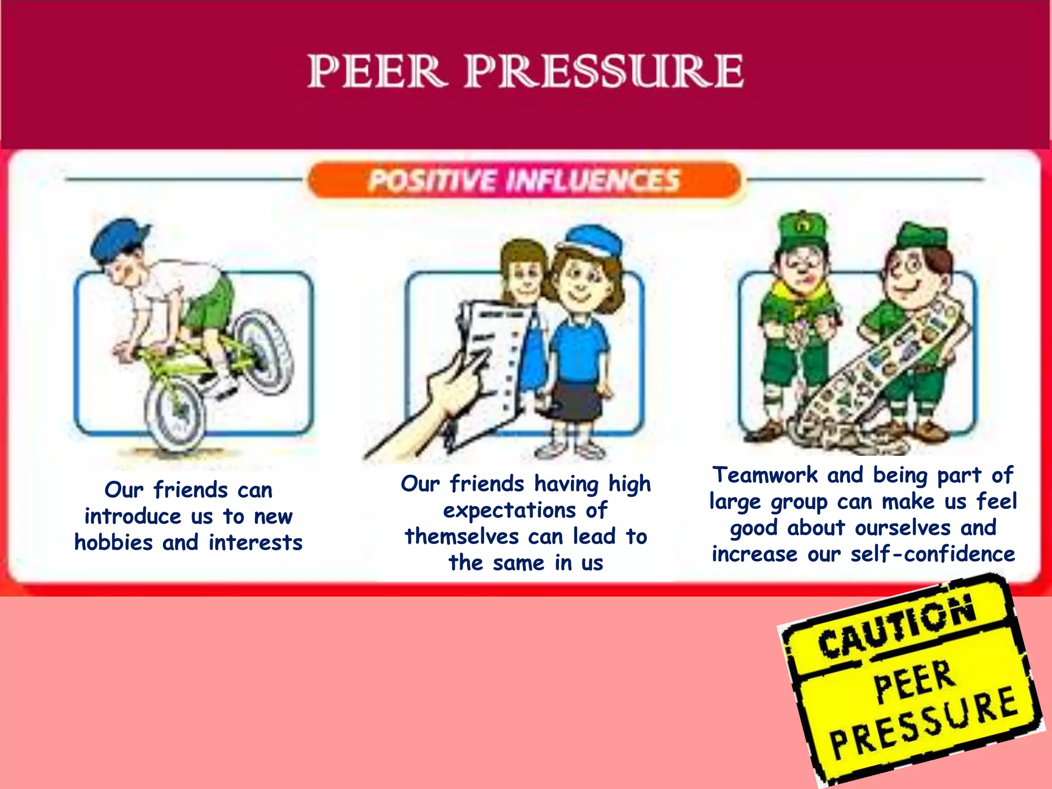 Our friends can
introduce us to new
hobbies and interests

Our friends having high
expectations of
themselves can lead to
the same in us

Teamwork and being part of
large group can make us feel
good about ourselves and
increase our self-confidence

 