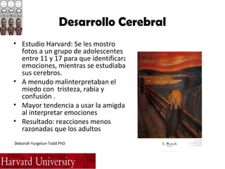 Desarrollo Cerebral
• Estudio Harvard: Se les mostro
fotos a un grupo de adolescentes
entre 11 y 17 para que identificaran
emociones, mientras se estudiaba
sus cerebros.
• A menudo malinterpretaban el
miedo con tristeza, rabia y
confusión .
• Mayor tendencia a usar la amigdala
al interpretar emociones
• Resultado: reacciones menos
razonadas que los adultos
Deborah Yurgelun-Todd PhD
 