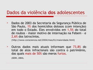 Dados da violência dos adolescentes
 Dados de 2003 da Secretaria da Segurança Pública de
São Paulo, 1% dos homicídios dolosos (com intenção)
em todo o Estado. Eles envolvidos em 1,5% do total
de roubos - maior motivo de internação na Febem - e
2,6% dos latrocínios.
(http://www.consciencia.net/2004/mes/01/maioridade.html)
 Outros dados mais atuais informam que 73,8% do
total de atos infracionais são contra o patrimônio,
das quais mais de 50% são meros furtos.
(SEDH, 2004).
 