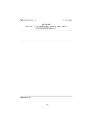 Papelesde POBLACIÓNNo.26 CIEAP/UAEM
52
CUADRO 4
TASAS DE FECUNDIDAD ACUMULADA POR EDAD, SEGÚN
GENERACIÓN, MÉXICO, 1997
Fuente: Enadid 1997.
 