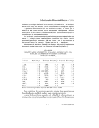 Análisisdemográficodelafecundidadadolescente.../C.Welti
octubre/diciembre20005 5
esta base de datos por el número de nacimientos, que rebasan los 2.43 millones,
hacenquesetengauna“muestra”quenilaencuestamásextensapodríasuperar.
A partir de la información del año mencionado (1995), se estima que al
menos 16 por ciento del total de los nacimientos corresponden a madres
menores de 20 años, es decir, alrededor de 400 mil nacimientos son producto
de embarazos de madres adolescentes.
La incidencia estatal de este tipo de nacimientos presenta una variación que
va de 13 a 19.6 por ciento. Dos entidades, Guanajuato y el Distrito Federal,
presentan porcentajes menores a 14 por ciento y en el otro extremo se
encuentran Campeche, Nayarit y Tabasco con más de 19 por ciento.
Guanajuato es, por cierto, el estado con el menor porcentaje de nacimientos
de madres adolescentes según esta fuente de información (cuadro 6).
Entidad Porcentaje Entidad Porcentaje Entidad Porcentaje
AGS. 14.0 GRO. 17.5 Q.R. 18.2
B.C. 17.2 HGO. 17.8 S.L.P. 15.7
B.C.S 17.4 JAL. 13.9 SIN. 17.3
CAM P. 19.4 EDOM ÉX. 16.9 SON. 16.8
COAH. 17.9 M ICH. 15.3 TAB. 19.6
COL. 18.5 M OR. 16.1 TAM PS. 15.7
CHIS. 18.4 NAY. 19.5 TLAX. 17.3
CHIH. 18.1 N.L. 14.5 VER. 17.3
D.F. 13.3 OAX. 16.6 YUC. 14.7
DGO. 17.3 PUE. 16.3 ZAC. 15.0
GTO. 13.0 QRO. 14.8
CUADRO 6
PORCENTAJE DE NACIMIENTOS DE MADRES ADOLESCENTES DEL
TOTAL DE NACIMIENTOS OCURRIDOS EN 1995 POR
ENTIDAD FEDERATIVA
Fuente: nacimientos registrados en el periodo 1995-1999 ocurridos en 1995.
Las estadísticas de nacimientos permiten calcular tasas específicas de
fecundidad según edad de la madre y según orden de nacimiento.
A pesar de los problemas asociados a la calidad de la información que, se
reitera, se han convertido en un lugar común para justificar el hecho de no usar
 