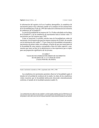 Papelesde POBLACIÓNNo.26 CIEAP/UAEM
56
la información del registro civil en el análisis demográfico, la estadística de
nacimientos parece muy coherente cuando se le compara con las estimaciones
de la fecundidad para el año de 1995 derivadas de la información de la historia
de embarazos de la Enadid-97.3
La tasa de fecundidad de las mujeres de 15 a 19 años calculada con los datos
de la Enadid-97 y de las estadísticas de nacimientos tiene el mismo valor: 77
nacimientos por mil mujeres para 1995.
Como se mencionó, es posible calcular tasas de fecundidad por orden de
nacimiento, de tal manera que para las mujeres menores de 20 años, de acuerdo
con la información del cuadro 7, 75 por ciento de la fecundidad corresponde a
nacimientos de primer orden; sin embargo, el hecho de que una cuarta parte de
la fecundidad de estas mujeres corresponda a hijos de orden superior a uno,
muestra que tener un hijo en la adolescencia es una experiencia que se repite
para una proporción significativa de las jóvenes.
3
Las estimaciones por edad son muy similares e incluso puede aceptarse que las diferencias en la
mayoría de las tasas específicas de fecundidad y en la tasa global de fecundidad entre una y otra fuente
son producto, entre otras cosas, del error muestral inherente a toda estimación basada en una muestra.
CUADRO 7
TASAS DE FECUNDIDAD POR ORDEN DE NACIMIENTO
DE MUJERES DE 15 A 19 AÑOS DE EDAD
(TASAS POR MIL MUJERES)
Fuente: nacimientos ocurridos en 1995 y registrados entre 1995 y 1999.
Las estadísticas de nacimientos permiten observar la fecundidad según el
tamaño de la localidad de residencia de la madre, los datos de las estadísticas
vitales muestran que la fecundidad adolescente desciende sistemáticamente
conforme el tamaño de la localidad aumenta (cuadro 8).
 
