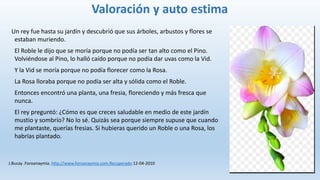 Valoración y auto estima
Un rey fue hasta su jardín y descubrió que sus árboles, arbustos y flores se
estaban muriendo.
El Roble le dijo que se moría porque no podía ser tan alto como el Pino.
Volviéndose al Pino, lo halló caído porque no podía dar uvas como la Vid.
Y la Vid se moría porque no podía florecer como la Rosa.
La Rosa lloraba porque no podía ser alta y sólida como el Roble.
Entonces encontró una planta, una fresia, floreciendo y más fresca que
nunca.
El rey preguntó: ¿Cómo es que creces saludable en medio de este jardín
mustio y sombrío? No lo sé. Quizás sea porque siempre supuse que cuando
me plantaste, querías fresias. Si hubieras querido un Roble o una Rosa, los
habrías plantado.
J.Bucay .Foroanaymia. http://www.foroanaymia.com.Recuperado 12-04-2010
 