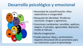 Desarrollo psicológico y emocional
• Necesidad de autoafirmación: Altas
expectativas e inseguridad.
• Búsqueda de identidad. Tendencia
narcisista: imagen y apariencia.
• Emociones cambiantes: sensibles, apáticos,
alegres, frustrados, agresividad, depresión,
miedo al ridículo.
• Mucha imaginación.
• Puede expresar ideas y sentimientos.
Aspecto emocional (IE) es prioritario para
sus relaciones y para el aprendizaje.
 