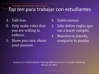 Actitudes del profesor para Gen Y 
Top ten para trabajar con estudiantes 
3. Talk less. 
2. Only make rules that 
Prepa: Competencias 37 
you are willing to 
enforce. 
1. Show you care, share 
your passion. 
3. Habla menos. 
2. Sólo define reglas que 
vas a hacer cumplir. 
1. Muestra tu interés, 
comparte tu pasión. 
Garner, J. B., A Brief Guide for Teaching Millenial Learners, Triangle Publishing, 
Marion, IN, 2007. 
 