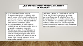 ¿QUÉ OTROS FACTORES AUMENTAN EL RIESGO
DE ADICCIÓN?
EL CONSUMO DESDE MUY JOVEN:
• El consumo de drogas a cualquier edad
puede causar adicción, las investigaciones
indican que cuanto más joven comienza a
drogarse una persona, más posibilidades
tiene de sufrir problemas graves.
• Es posible que esto se deba al efecto
perjudicial que las drogas pueden tener en
un cerebro todavía en desarrollo.
• También podría ser el resultado de una
combinación de factores tempranos de
carácter social y biológico, entre ellos la
falta de un hogar o una familia estable, el
abuso físico o sexual, los genes o una
enfermedad mental.
LA FORMA EN QUE SE CONSUME LA DROGA:
Fumar una droga o inyectarla en las venas
aumenta el potencial de adicción. Tanto las
drogas que se fuman como las que se inyectan
llegan al cerebro en segundos y producen una
poderosa oleada de placer. Sin embargo, esa
sensación intensa de placer se puede desvanecer
en pocos minutos.
 