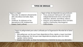 Según su origen:
• Naturales. Se obtienen directamente
dela naturaleza (Cannabis, Opio,
Coca)
• Sintéticas: Se obtienen en los
laboratorios (LSD, Anfetaminas
Éxtasis, Crack y afines)
TIPOS DE DROGAS
Según el tipo de dependencia que producen:
• Física: producen habituación del cuerpo
independientemente de la voluntad del
individuo. (alcohol, somníferos, tabaco)
• Psíquica: poca dependencia física cannabis
(hachís y marihuana), Alucinógenos
(LSD),cocaína.
Según la peligrosidad para salud: (utilizada por la Organización Mundial de la Salud
(OMS)
• Más peligrosas: son las que Crean dependencia física, rápido y mayor toxicidad.
• Menos peligrosas: Son las que crean dependencia psíquica, pero con menor
rapidez. menos tóxicas.
• Estadio intermedio: se sitúan los barbitúricos, el alcohol, la coca y sus derivados.
 