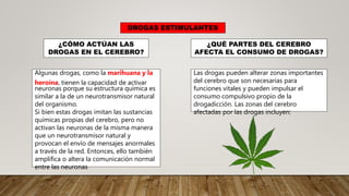 ¿CÓMO ACTÚAN LAS
DROGAS EN EL CEREBRO?
Algunas drogas, como la marihuana y la
heroína, tienen la capacidad de activar
neuronas porque su estructura química es
similar a la de un neurotransmisor natural
del organismo.
Si bien estas drogas imitan las sustancias
químicas propias del cerebro, pero no
activan las neuronas de la misma manera
que un neurotransmisor natural y
provocan el envío de mensajes anormales
a través de la red. Entonces, ello también
amplifica o altera la comunicación normal
entre las neuronas
¿QUÉ PARTES DEL CEREBRO
AFECTA EL CONSUMO DE DROGAS?
Las drogas pueden alterar zonas importantes
del cerebro que son necesarias para
funciones vitales y pueden impulsar el
consumo compulsivo propio de la
drogadicción. Las zonas del cerebro
afectadas por las drogas incluyen:
DROGAS ESTIMULANTES
 