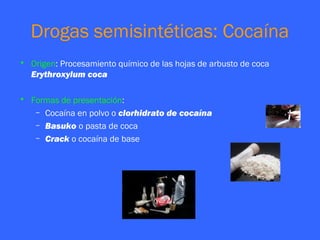 Drogas semisintéticas: Cocaína
• Origen: Procesamiento químico de las hojas de arbusto de coca
  Erythroxylum coca

• Formas de presentación:
   – Cocaína en polvo o clorhidrato de cocaína
   – Basuko o pasta de coca
   – Crack o cocaína de base
 