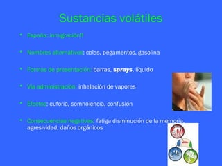 Sustancias volátiles
• España: inmigración!!

• Nombres alternativos: colas, pegamentos, gasolina

• Formas de presentación: barras, sprays, líquido

• Vía administración: inhalación de vapores

• Efectos: euforia, somnolencia, confusión

• Consecuencias negativas: fatiga disminución de la memoria,
  agresividad, daños orgánicos
 