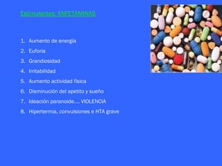 Estimulantes: ANFETAMINAS



1. Aumento de energía
2. Euforia
3. Grandiosidad
4. Irritabilidad
5. Aumento actividad física
6. Disminución del apetito y sueño
7. Ideación paranoide…. VIOLENCIA
8. Hipertermia, convulsiones e HTA grave
 