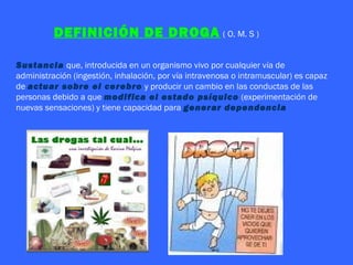 DEFINICIÓN DE DROGA ( O. M. S )

Sustancia que, introducida en un organismo vivo por cualquier vía de
administración (ingestión, inhalación, por vía intravenosa o intramuscular) es capaz
de actuar sobre el cerebro y producir un cambio en las conductas de las
personas debido a que modifica el estado psíquico (experimentación de
nuevas sensaciones) y tiene capacidad para generar dependencia
 