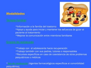 Modalidades

Terapia familiar
        •Información a la familia del trastorno
        •Apoyo y ayuda para iniciar y mantener los esfuerzos de guiar al
        paciente al tratamiento
        •Mejorar la comunicación entre miembros familiares

Grupos de autoayuda
        •Trabajo con el adolescente hacia recuperación
        •Trabajo también con sus padres, tutores o responsables
        •Recursos específicos en caso de coexistencia de otros problemas
        psiquiátricos o médicos

*Uso de medicación (Agentes farmacológicos específicos si comorbilidad
psiquiátrica)
 