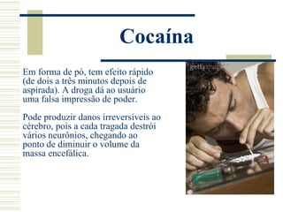 Cocaína
Em forma de pó, tem efeito rápido
(de dois a três minutos depois de
aspirada). A droga dá ao usuário
uma falsa impressão de poder.
Pode produzir danos irreversíveis ao
cérebro, pois a cada tragada destrói
vários neurônios, chegando ao
ponto de diminuir o volume da
massa encefálica.
 