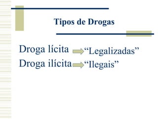 Tipos de Drogas


Droga lícita    “Legalizadas”
Droga ilícita   “Ilegais”
 
