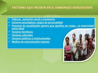  Pobreza , exclusión social y económica
 Factores psicológicos: rasgos de personalidad
 Procesos de socialización genero que significa ser mujer , la maternidad
como ideal
 Factores familiares
 Factores culturales
 Factores políticos e institucionales
 Medios de comunicación masivos
 