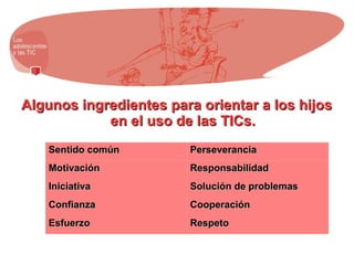 Algunos ingredientes para orientar a los hijosAlgunos ingredientes para orientar a los hijos
en el uso de las TICs.en el uso de las TICs.
Sentido comúnSentido común PerseveranciaPerseverancia
MotivaciónMotivación ResponsabilidadResponsabilidad
IniciativaIniciativa Solución de problemasSolución de problemas
ConfianzaConfianza CooperaciónCooperación
EsfuerzoEsfuerzo RespetoRespeto
 