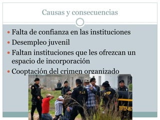 Causas y consecuencias
Falta de confianza en las instituciones
Desempleo juvenil
Faltan instituciones que les ofrezcan un
espacio de incorporación
Cooptación del crimen organizado