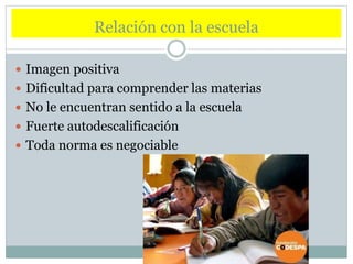 Relación con la escuela
Imagen positiva
Dificultad para comprender las materias
No le encuentran sentido a la escuela
Fuerte autodescalificación
Toda norma es negociable