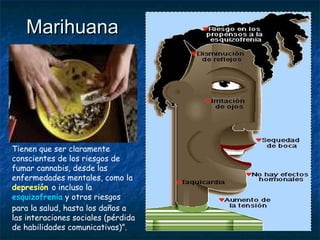 Marihuana




Tienen que ser claramente
conscientes de los riesgos de
fumar cannabis, desde las
enfermedades mentales, como la
depresión o incluso la
esquizofrenia y otros riesgos
para la salud, hasta los daños a
las interaciones sociales (pérdida
de habilidades comunicativas)”.
 