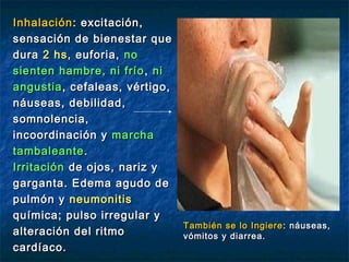 Inhalación : excitación,
sensación de bienestar que
dura 2 hs, euforia, no
sienten hambre, ni frío , ni
angustia , cefaleas, vértigo,
náuseas, debilidad,
somnolencia,
incoordinación y marcha
tambaleante .
Irritación de ojos, nariz y
garganta. Edema agudo de
pulmón y neumonitis
química; pulso irregular y
                                También se lo Ingiere : náuseas,
alteración del ritmo            vómitos y diarrea.
cardíaco.
 