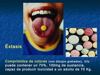 Éxtasis


Comprimidos de colores (con dibujos grabados), c/u
puede contener un 70%, 100mg de sustancia,
capaz de producir toxicidad a un adulto de 70 Kg.
 