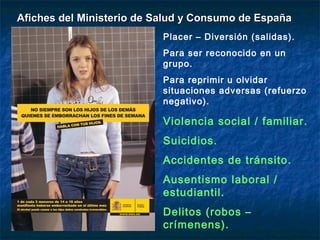 Afiches del Ministerio de Salud y Consumo de España
                           Placer – Diversión (salidas).
                           Para ser reconocido en un
                           grupo.
                           Para reprimir u olvidar
                           situaciones adversas (refuerzo
                           negativo).

                           Violencia social / familiar.
                           Suicidios.
                           Accidentes de tránsito.
                           Ausentismo laboral /
                           estudiantil.
                           Delitos (robos –
                           crímenens).
 