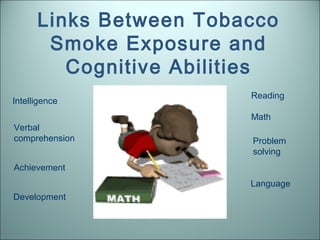 Links Between Tobacco
       Smoke Exposure and
         Cognitive Abilities
                         Reading
Intelligence
                         Math
Verbal
comprehension            Problem
                         solving
Achievement
                         Language
Development
 
