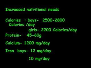Increased nutritional needs

Calories : boys- 2500-2800
  Calories /day
            girls- 2200 Calories/day
Protein- 45-60g
Calcium- 1200 mg/day
Iron boys- 12 mg/day
           15 mg/day
 