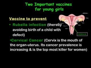 Two Important vaccines
             for young girls

Vaccine to prevent
• Rubella infection (thereby
   avoiding birth of a child with
   defect)                                 CERVIX


 •Cervical Cancer (Cervix is the mouth of
 the organ-uterus. Its cancer prevalence is
 increasing & is the top most killer for women)
 