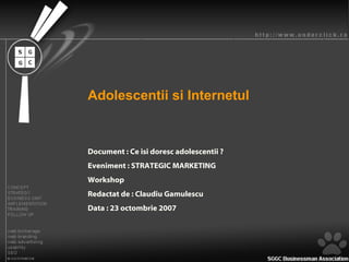 Adolescentii si Internetul Document : Ce isi doresc adolescentii ? Eveniment : STRATEGIC MARKETING Workshop Redactat de : Claudiu Gamulescu Data : 23 octombrie 2007 