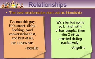 Relationships
• The best relationships start out as friendship

 I’ve met this guy.            We started going
 He’s smart, dishy-              out, first with
   looking, good               other people, then
 conversationalist,                the 2 of us
   and best of all,              started dating
  HE LIKES ME.                     exclusively.
            -Rosalie                     -Angelito
 