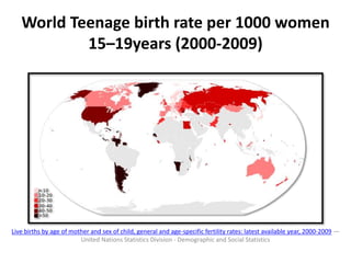 World Teenage birth rate per 1000 women
15–19years (2000-2009)
Live births by age of mother and sex of child, general and age-specific fertility rates: latest available year, 2000-2009 —
United Nations Statistics Division - Demographic and Social Statistics
 
