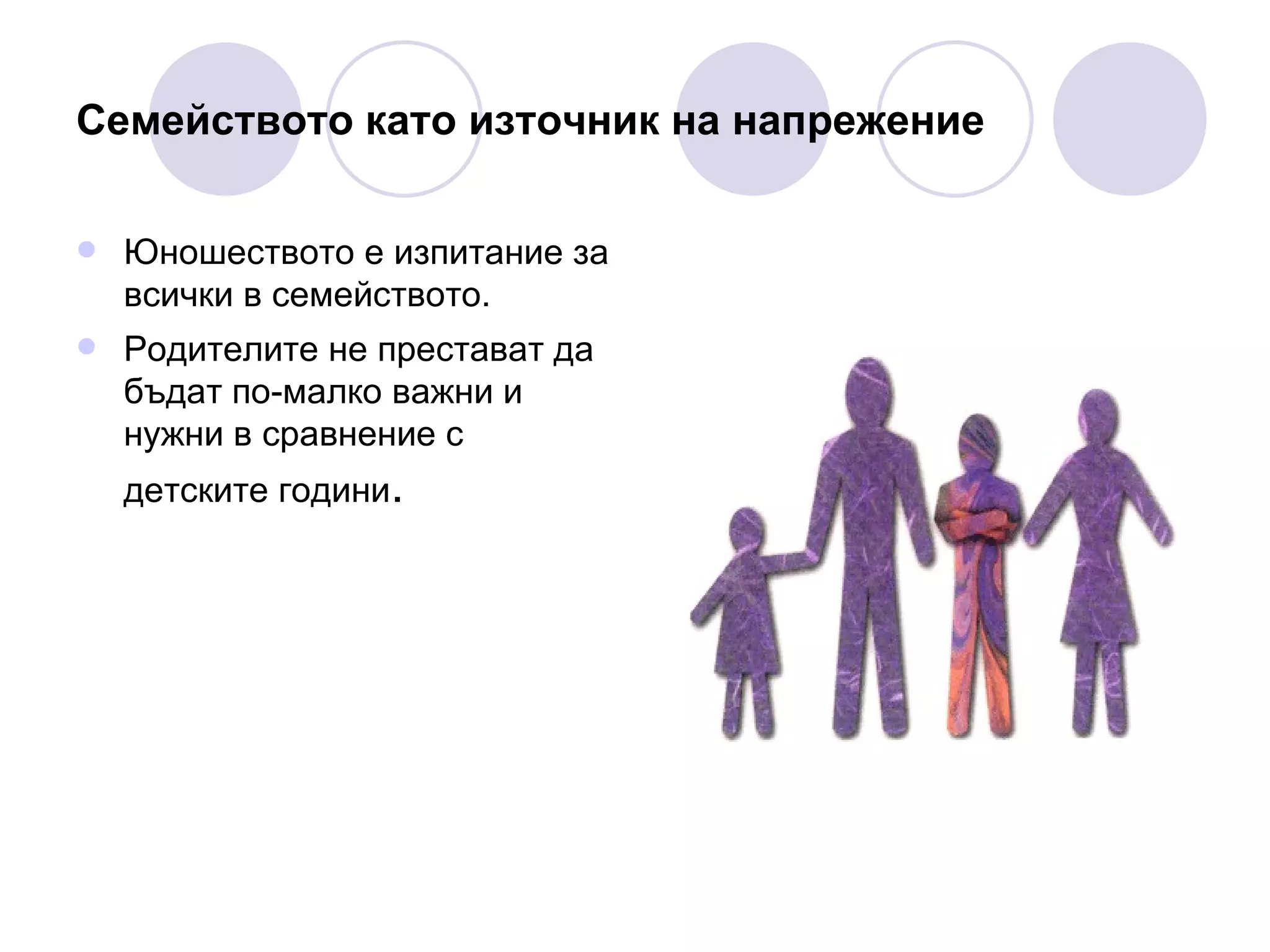Семейството  като източник на напрежение Юношеството е изпитание за всички в семейството. Родителите не престават да бъдат по-малко важни и нужни в сравнение с детските години . 