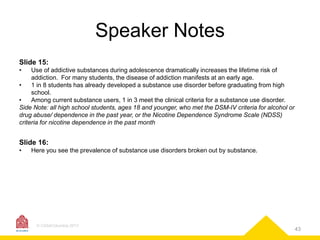 Speaker Notes
Slide 15:
•

Use of addictive substances during adolescence dramatically increases the lifetime risk of
addiction. For many students, the disease of addiction manifests at an early age.
•
1 in 8 students has already developed a substance use disorder before graduating from high
school.
•
Among current substance users, 1 in 3 meet the clinical criteria for a substance use disorder.
Side Note: all high school students, ages 18 and younger, who met the DSM-IV criteria for alcohol or
drug abuse/ dependence in the past year, or the Nicotine Dependence Syndrome Scale (NDSS)
criteria for nicotine dependence in the past month

Slide 16:
•

Here you see the prevalence of substance use disorders broken out by substance.

© CASAColumbia 2013

43

 