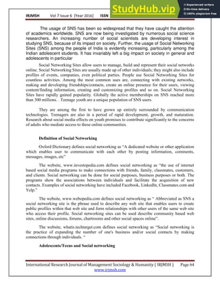 ADOLESCENTS USE OF INTERNET AND SOCIAL NETWORKING SITES | PDF
