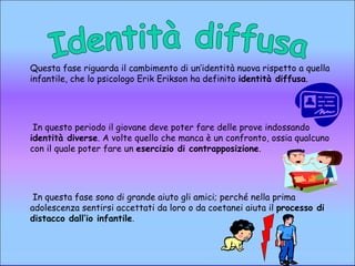 Identità diffusa Questa fase riguarda il cambimento di un’identità nuova rispetto a quella infantile, che lo psicologo Erik Erikson ha definito  identità diffusa . In questo periodo il giovane deve poter fare delle prove indossando  identità diverse . A volte quello che manca è un confronto, ossia qualcuno con il quale poter fare un  esercizio di contrapposizione . In questa fase sono di grande aiuto gli amici; perché nella prima adolescenza sentirsi accettati da loro o da coetanei aiuta il  processo di distacco dall’io infantile .  