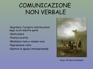 COMUNICAZIONE 
NON VERBALE 
•Guardare il proprio interlocutore 
negli occhi mentre parla 
•Gesticolare 
•Postura eretta 
•Modulare tono e volume voce 
•Espressione volto 
•Gestire lo spazio interpersonale 
Goya. Gli attori ambulanti 
 