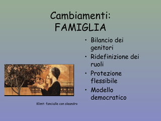 Cambiamenti: 
FAMIGLIA 
Klimt: fanciulle con oleandro 
• Bilancio dei 
genitori 
• Ridefinizione dei 
ruoli 
• Protezione 
flessibile 
• Modello 
democratico 
 