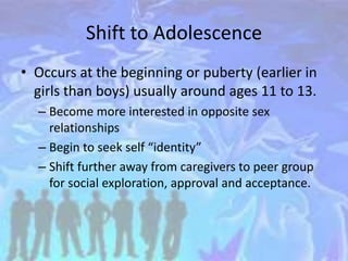 Shift to Adolescence
• Occurs at the beginning or puberty (earlier in
girls than boys) usually around ages 11 to 13.
– Become more interested in opposite sex
relationships
– Begin to seek self “identity”
– Shift further away from caregivers to peer group
for social exploration, approval and acceptance.
 