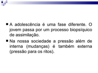 A adolescência é uma fase diferente. O jovem passa por um processo biopsíquico de assimilação.  Na nossa sociedade a pressão além de interna (mudanças) é também externa (pressão para os ritos).  